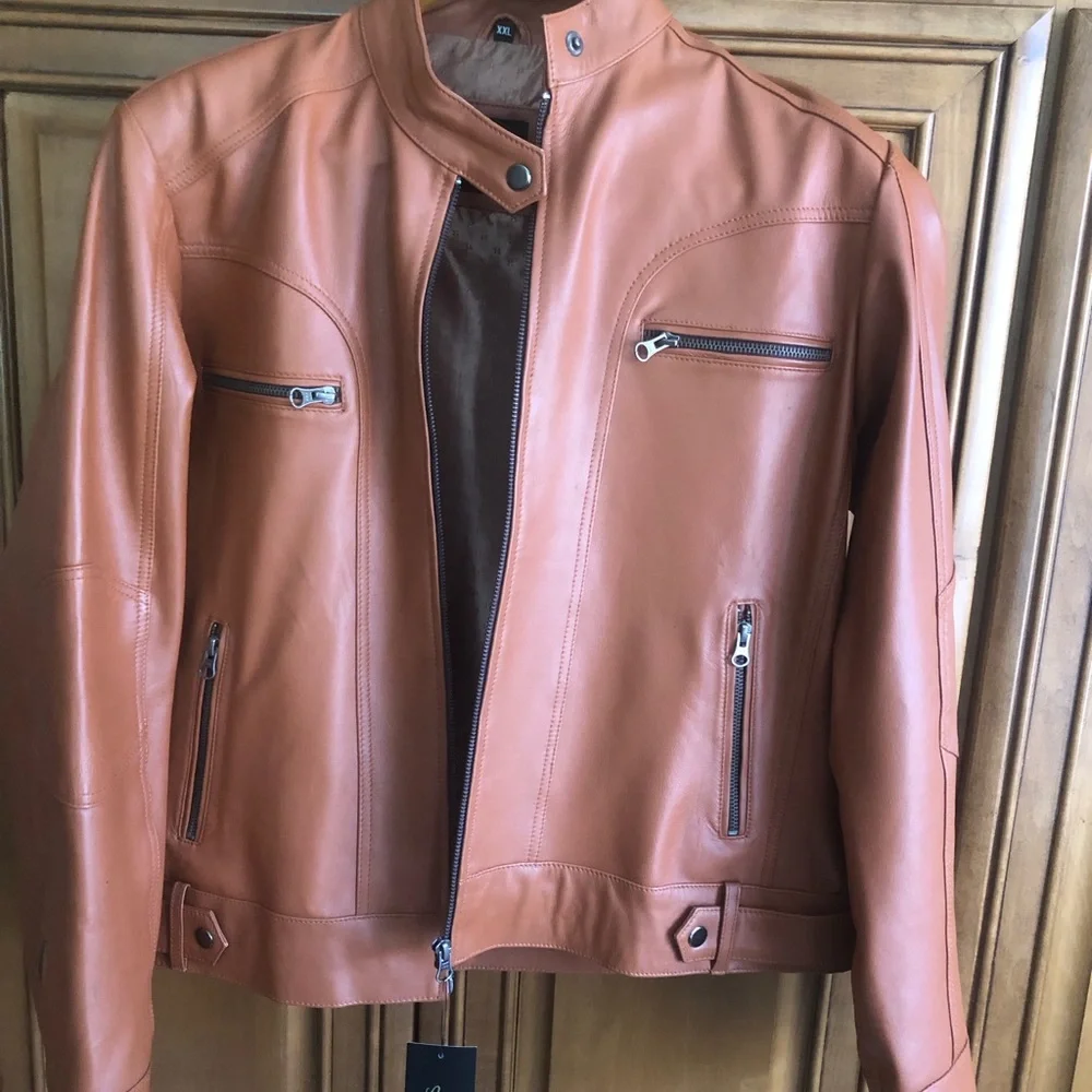 Brand new leather jacket. Color Cognac or Hickory . 100% real Lambskin leather - Picture 1 of 14